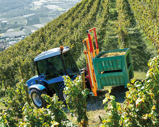 Blauwe smalspoortractor met Ilmer K2-D hefmast vervoert een kist druiven in een steile wijngaard