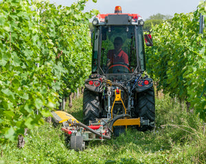 Smalspoortractor met Ilmer GT-Vario front-werktuigendrager in de wijngaard